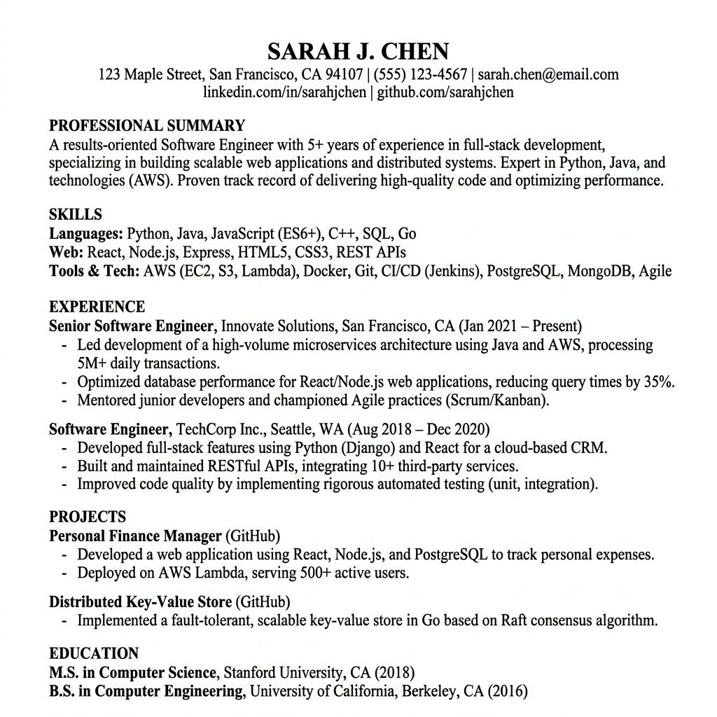 A clean, single-column software engineer resume that is perfectly optimized for ATS parsers